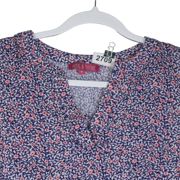 Rose and Thyme Floral Blouse Women Medium Blue Multi V Neck Tie Sleeve Top - Picture 3 of 8